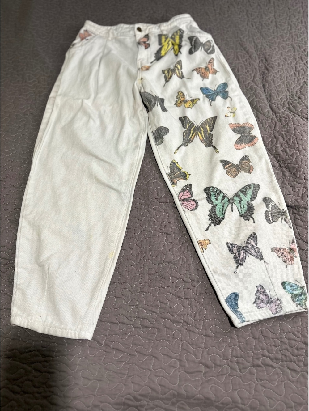 White Butterfly Print Casual Pants Size S